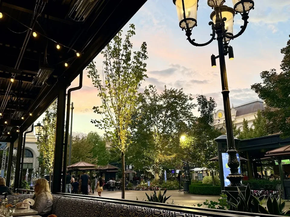 The fountain plaza at The Village at Meridian, seen from a patio.
