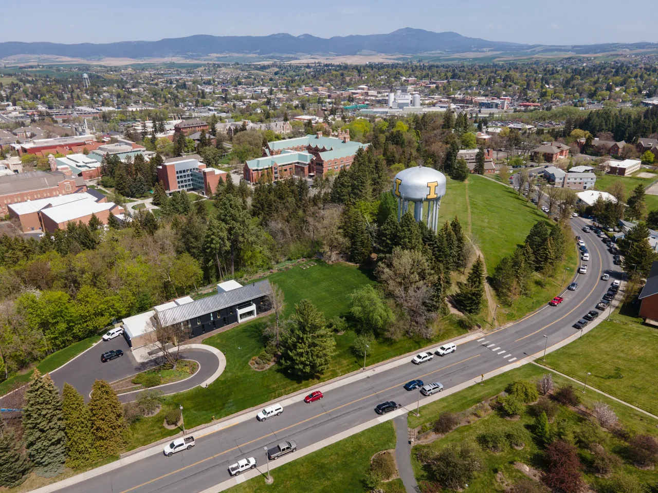 Moscow from the air, with the University of Idaho water tower in the foreground and downtown beyond.